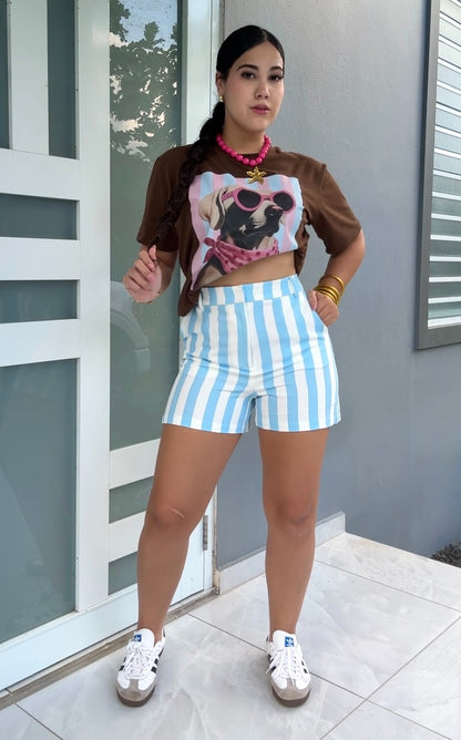 Blue Stripe High Waist Short