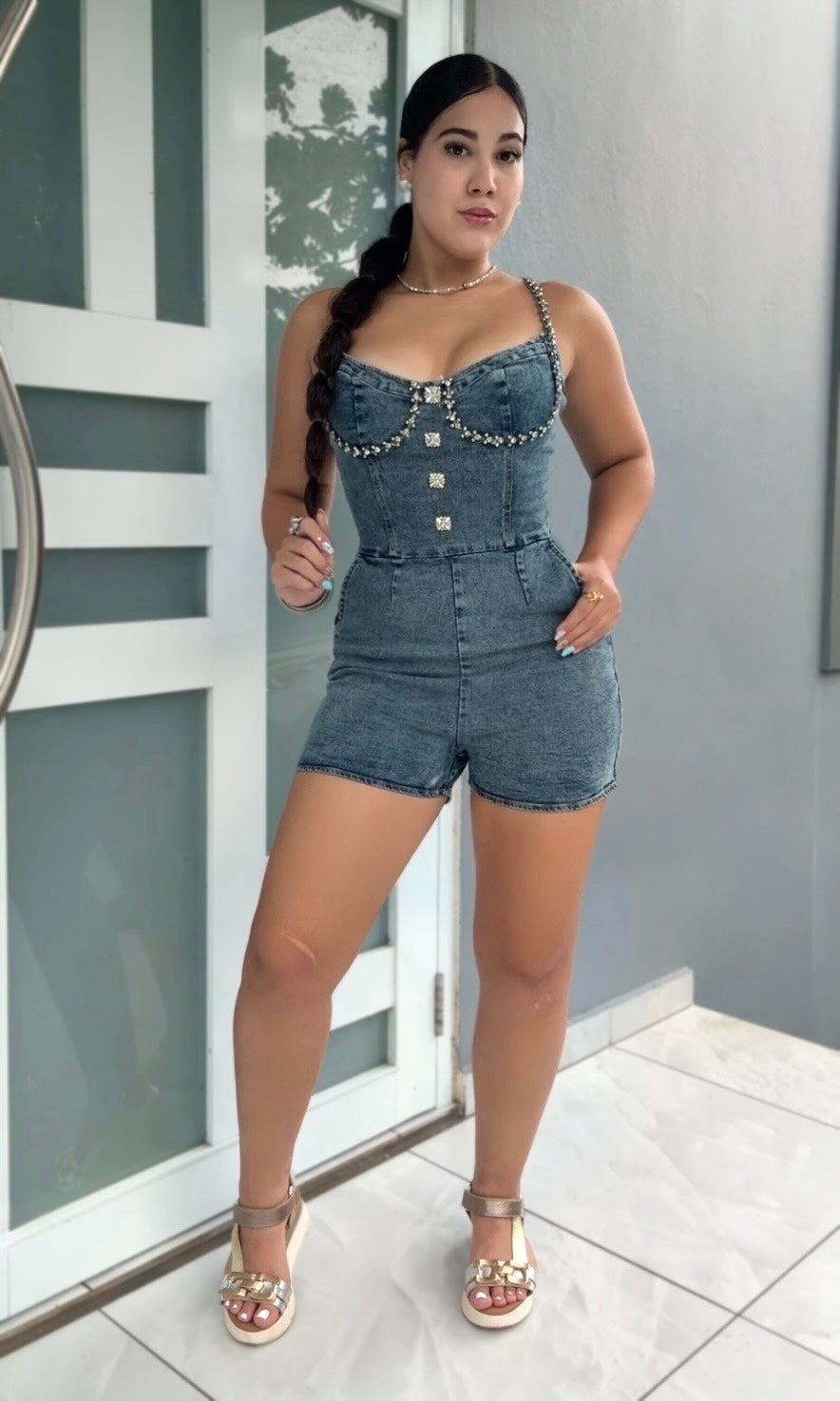 Denim Blue Diamond Romper