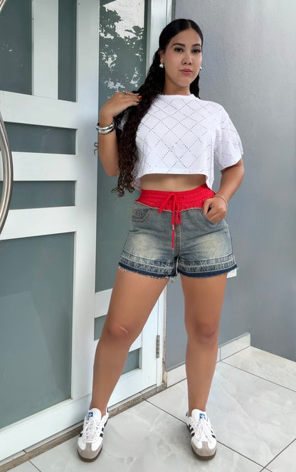 Red Waist Denim Short