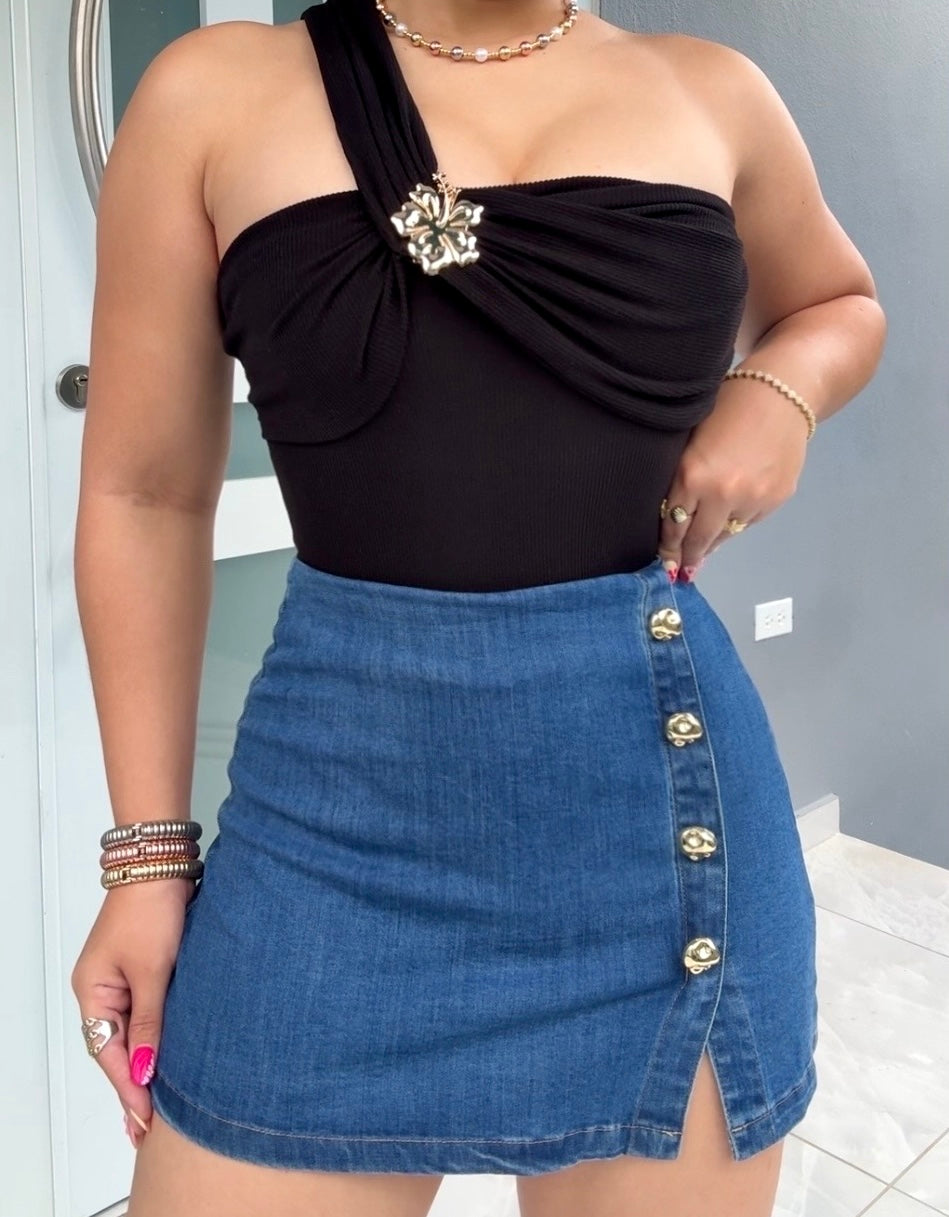 Gold Button Denim Skort