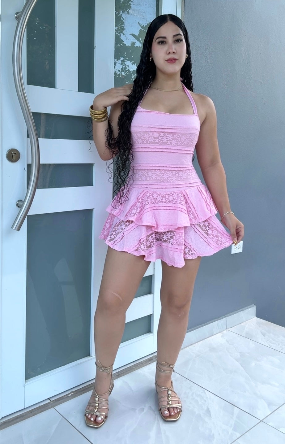 Pink Lace Romper Dress