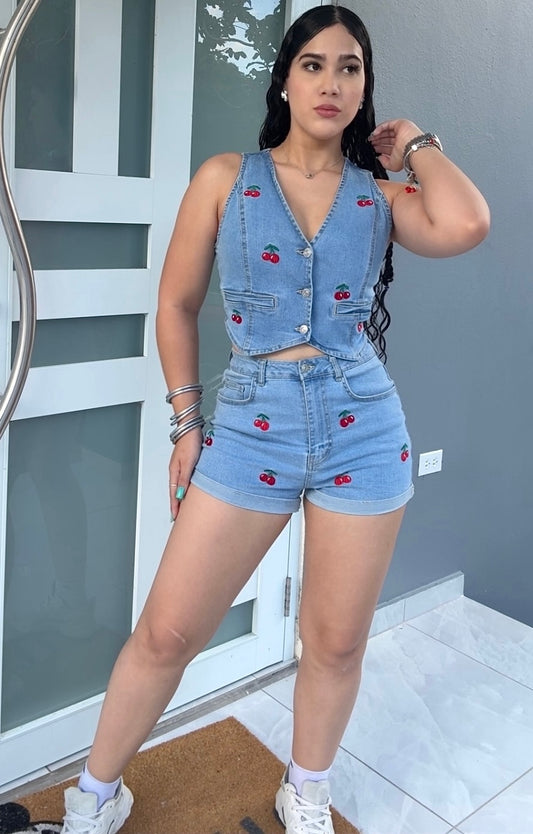 Denim Cherry Vest Set