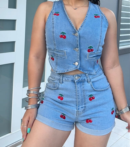 Denim Cherry Vest Set